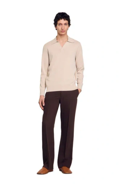 Sandro Knit Long Sleeve Polo Shirt In Oats