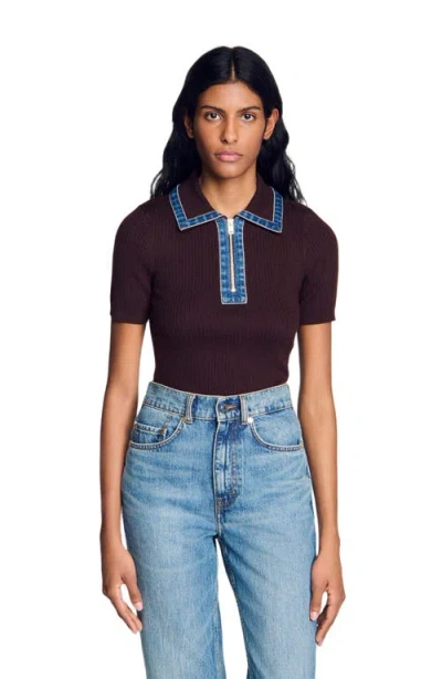 Sandro Knit Polo Sweater With Denim Collar In Brown