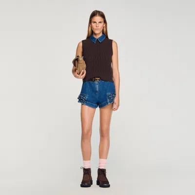 Sandro Knit Sweater With Removable Denim Collar In Brown