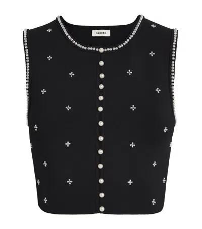 Sandro Knitted Embellished Crop Top In Black