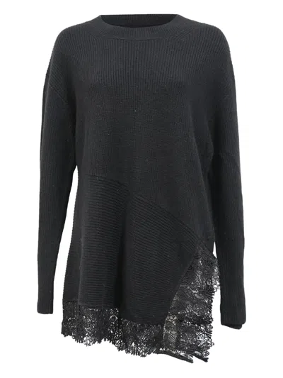 Pre-owned Sandro Knitted Lace Trim Sweater In Black