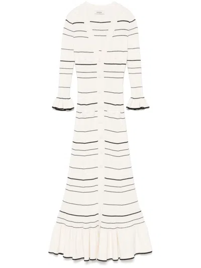 Sandro Rib-knit Striped Midi Dress In Beige