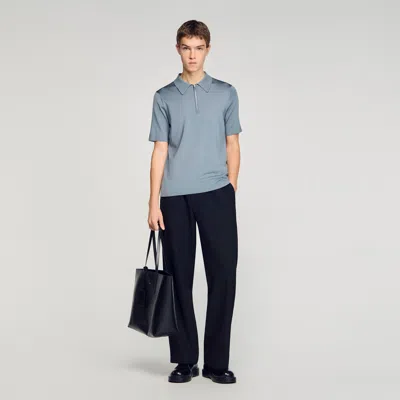 Sandro Knitted Polo Shirt With Zip Collar In Blue