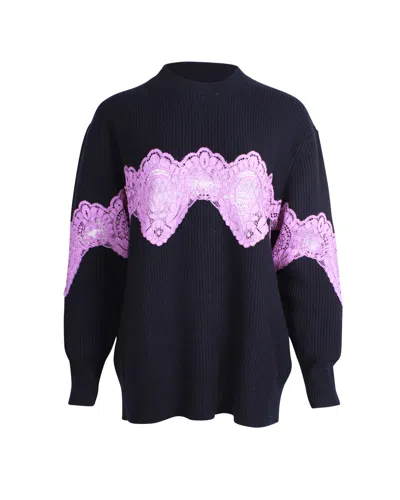 Sandro Lace-accent Sweater Top In Navy Blue Wool
