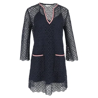 Pre-owned Sandro Lace Mini Dress In Navy Blue Polyester In Black