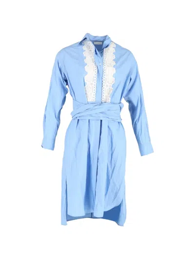Pre-owned Sandro Lace-panel Long-sleeve Shirt Dress In Blue