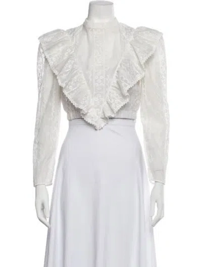 Pre-owned Sandro Lace Pattern Long Sleeve Blouse In White