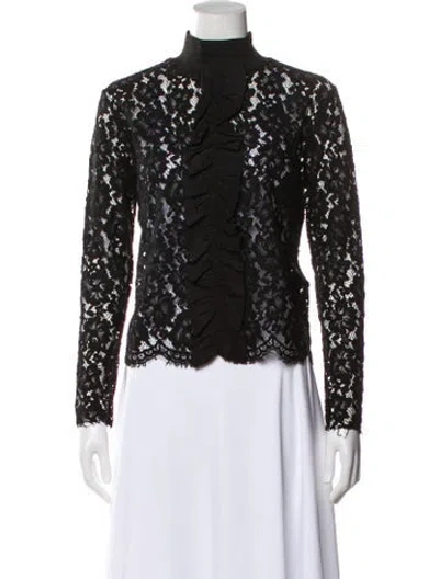 Pre-owned Sandro Lace Pattern Mock Neck Blouse In Black