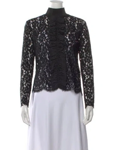Pre-owned Sandro Lace Pattern Mock Neck Blouse In Black