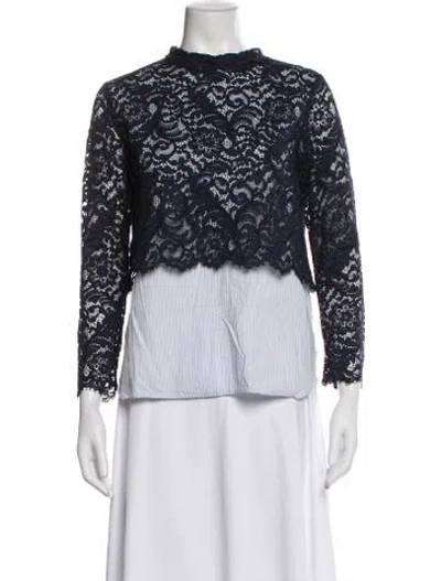 Pre-owned Sandro Lace Pattern Mock Neck Blouse In Blue