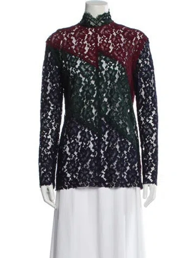 Pre-owned Sandro Lace Pattern Mock Neck Blouse In Blue