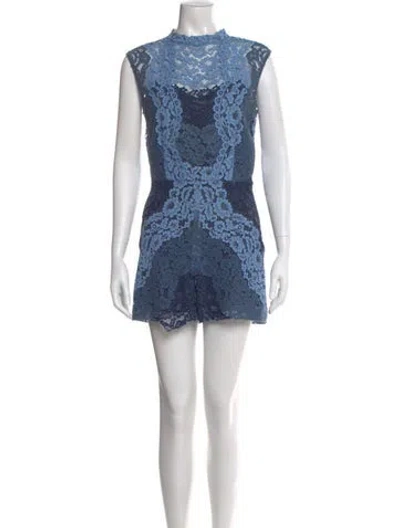 Pre-owned Sandro Lace Pattern Mock Neck Romper In Blue