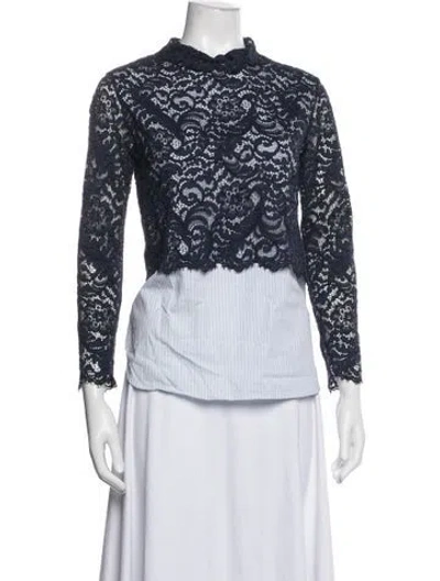 Pre-owned Sandro Lace Pattern Mock Neck Top In Blue/white