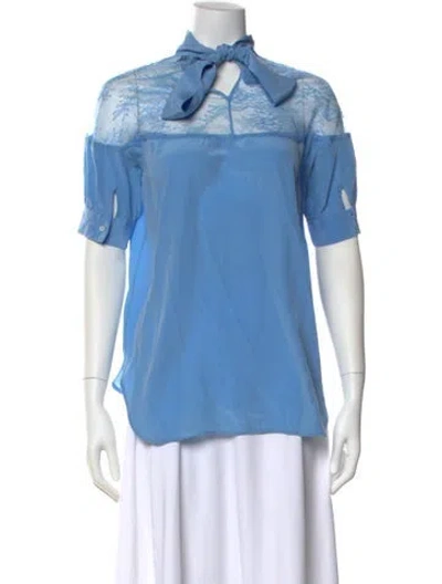 Pre-owned Sandro Lace Pattern Tie Neck Blouse In Blue