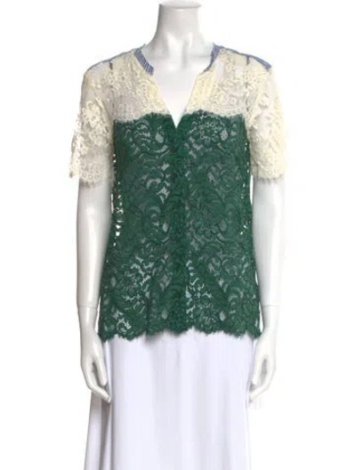Pre-owned Sandro Lace Pattern V-neck Blouse In Green