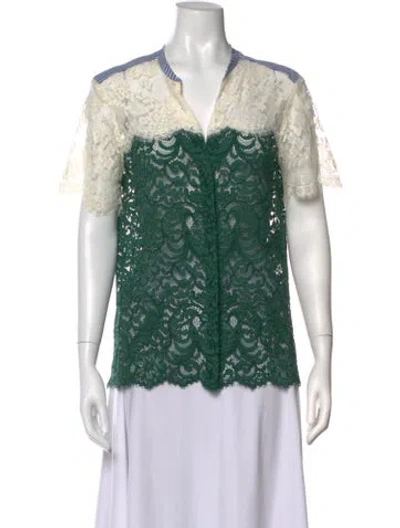 Pre-owned Sandro Lace Pattern V-neck Blouse In Green