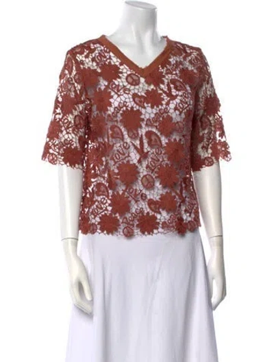 Pre-owned Sandro Lace Pattern V-neck Blouse In Orange