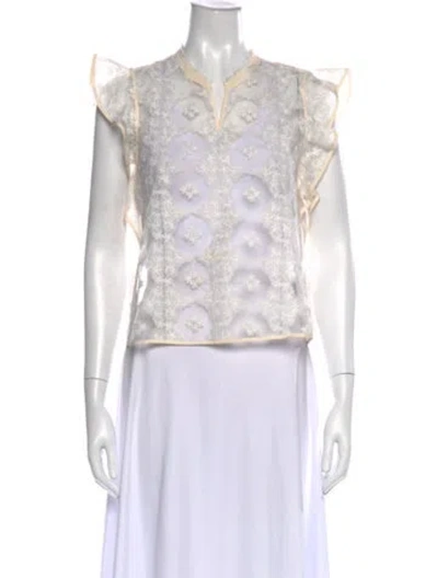 Pre-owned Sandro Lace Pattern V-neck Blouse In White