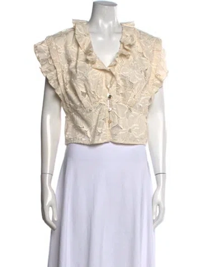 Pre-owned Sandro Lace Pattern V-neck Blouse In White