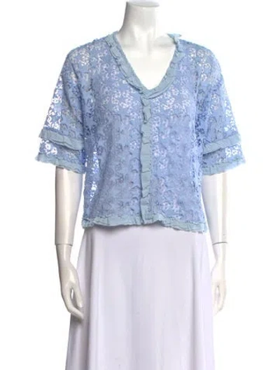 Pre-owned Sandro Lace Pattern V-neck Crop Top In Blue