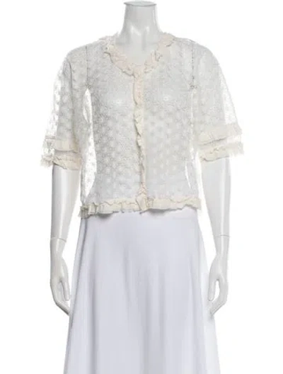 Pre-owned Sandro Lace Pattern V-neck Top In White