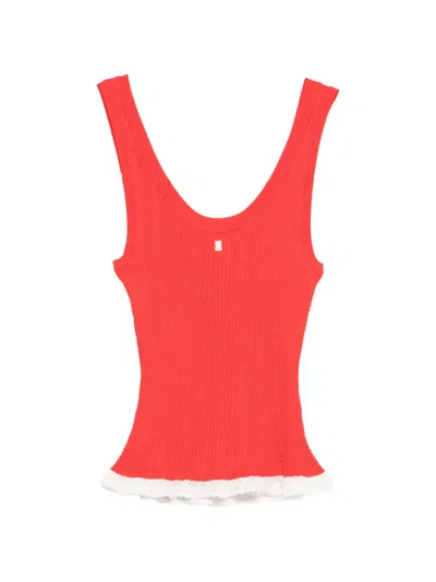 Sandro Lace Ribbed Top In Red