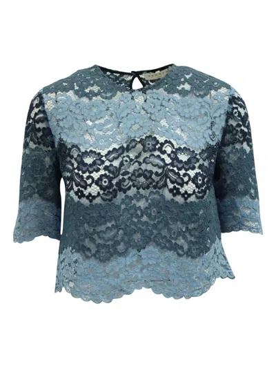 Pre-owned Sandro Lace Scalloped-hem T-shirt In Blue