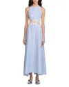 Sandro Womens Bleus Stripe-print Cut-out Lace Cotton And Linen-blend Midi Dress In Blue/white