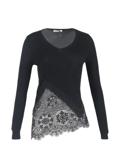 Pre-owned Sandro Lace-trimmed V-neck Sweater In Black