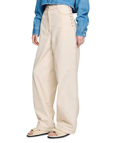 SANDRO LACE UP HIGH RISE JEANS IN SAND