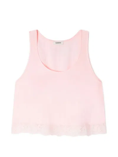 Sandro Satin Top With Lace Trim In Pink