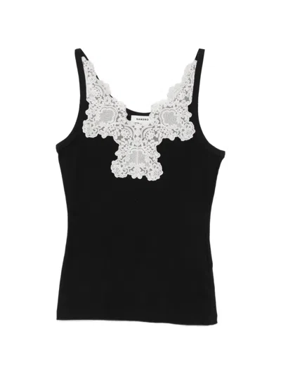 Sandro Lace-trim Ribbed-knit Top In Multi