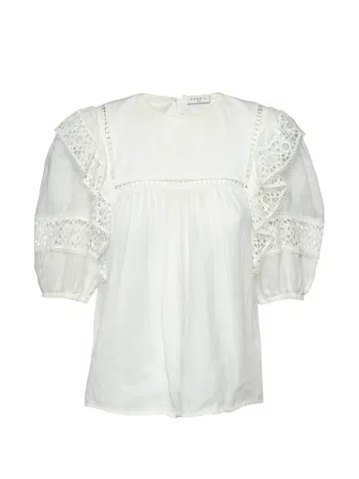 Pre-owned Sandro Lace-trim Ruffled Blouse In White