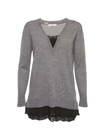 Pre-owned Sandro Lace-trim V-neck Sweater In Gray