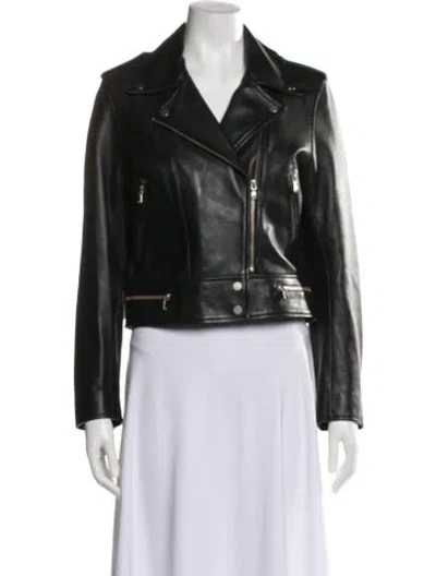 Pre-owned Sandro Lamb Leather Biker Jacket In Black