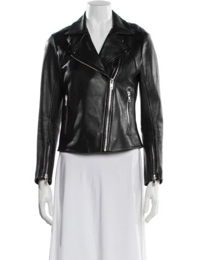 Pre-owned Sandro Lamb Leather Biker Jacket In Black