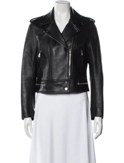 Pre-owned Sandro Lamb Leather Biker Jacket In Black