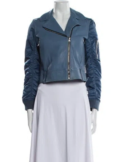 Pre-owned Sandro Lamb Leather Biker Jacket In Blue