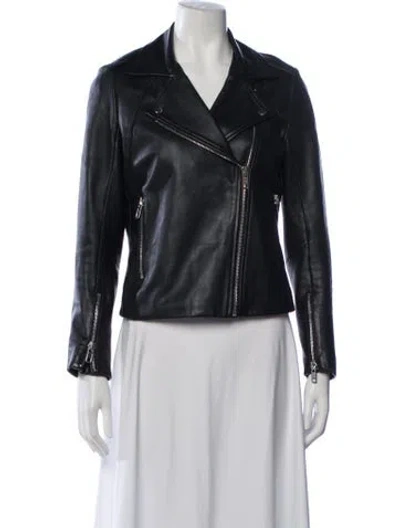 Pre-owned Sandro Lamb Leather Biker Jacket In Blue