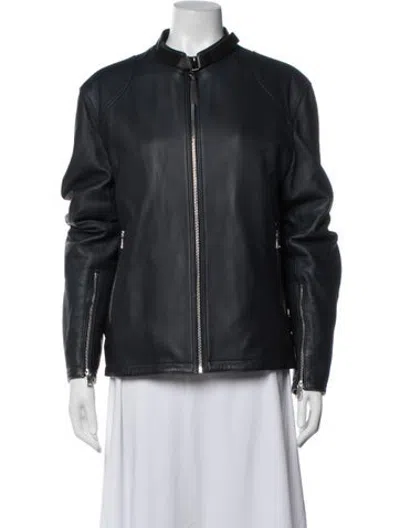 Pre-owned Sandro Lamb Leather Biker Jacket In Blue
