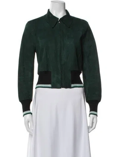 Pre-owned Sandro Lamb Leather Bomber Jacket In Green