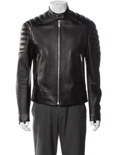 Pre-owned Sandro Lamb Leather Moto Jacket In Blue
