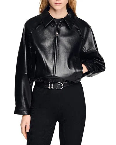 Sandro Lambskin Leather Jacket In Black