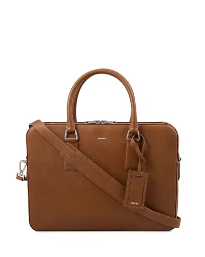 Sandro Large Grained Leather Briefcase In Brown