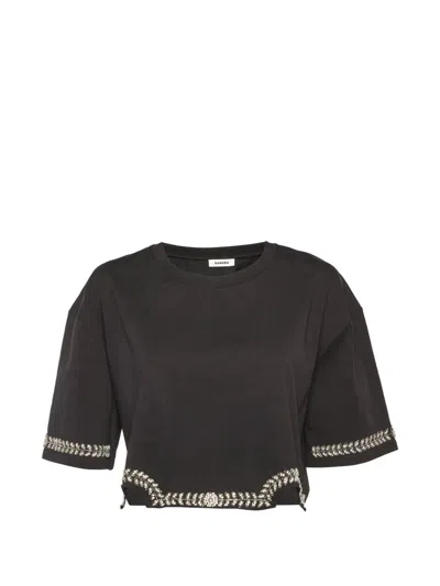 Pre-owned Sandro Larry Rhinestone-embellished Cropped Cotton T-shirt In Black