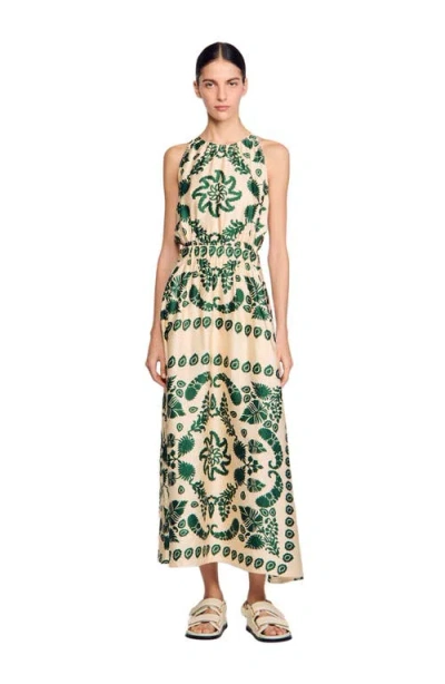 Sandro Womens Naturels Leaf-print Sleeveless Woven Maxi Dress