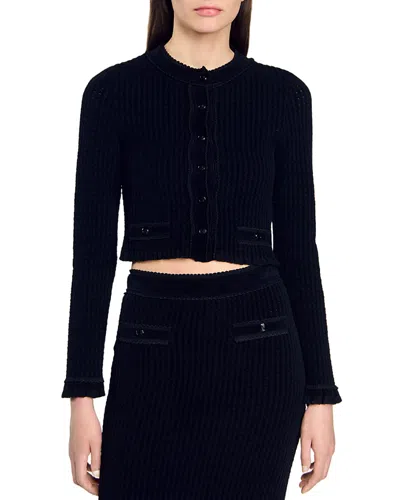Sandro Leandro Velvet Knit Cardigan In Black
