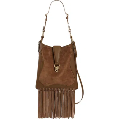 Sandro Leather And Suede Fringe Bag In Brown