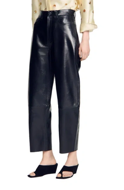 Sandro Womens Barrel-leg High-rise Leather Trousers Black In Blue
