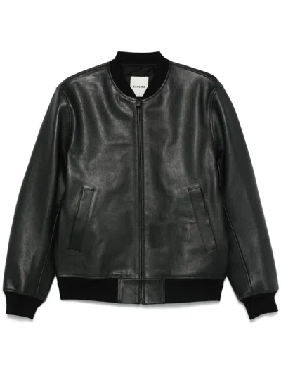 Sandro Leather Bomber Jacket In Noir / Gris